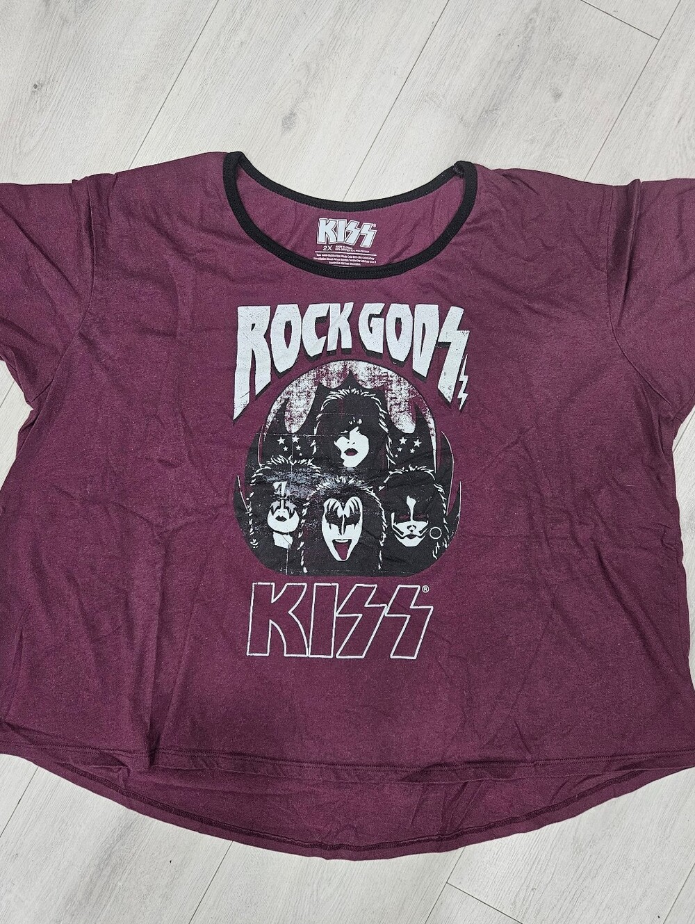 KISS Band Rock Gods Cropped Ringer T-Shirt 2XL Licensed Merch Burgundy Wine NWOT